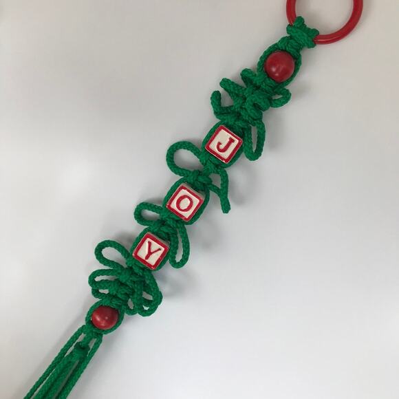 Vintage Retro Macrame JOY Christmas wall-hanging decor, green, appr. 27" - Picture 8 of 11